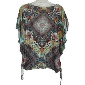 One World Boho Top Embellished Mixed Pattern Batwing Sleeve Cinched Sides Size L